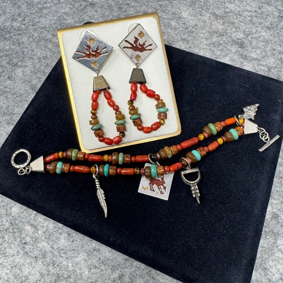 Vintage Sterling Silver Native American Coral Turquoise Bead‎ Bracelet Earrings